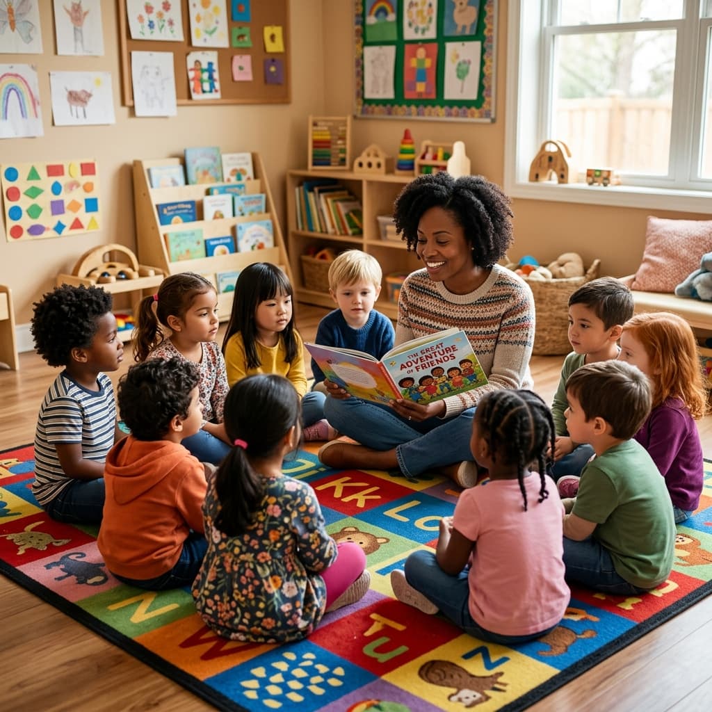 Diverse group of children reading together